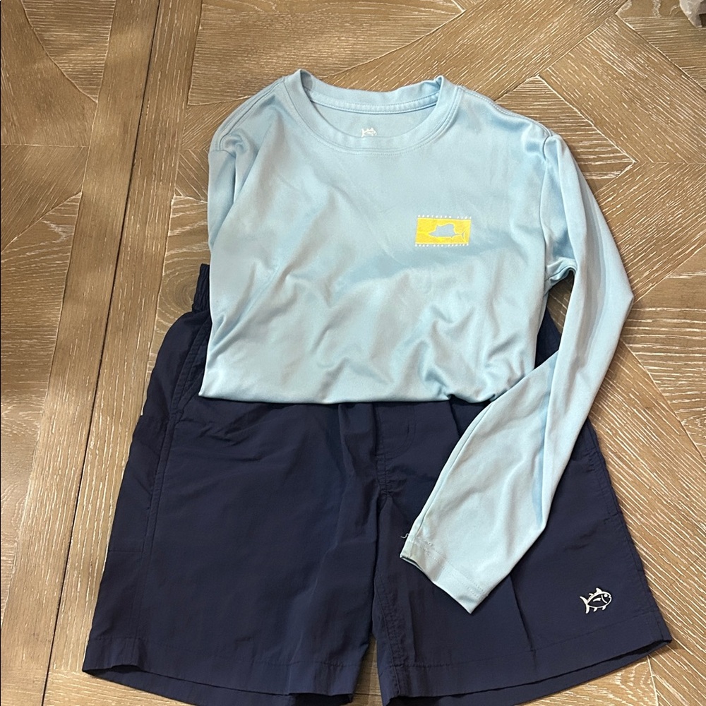 Southern Tide Light Blue Shirt set with matching navy shoreline shorts